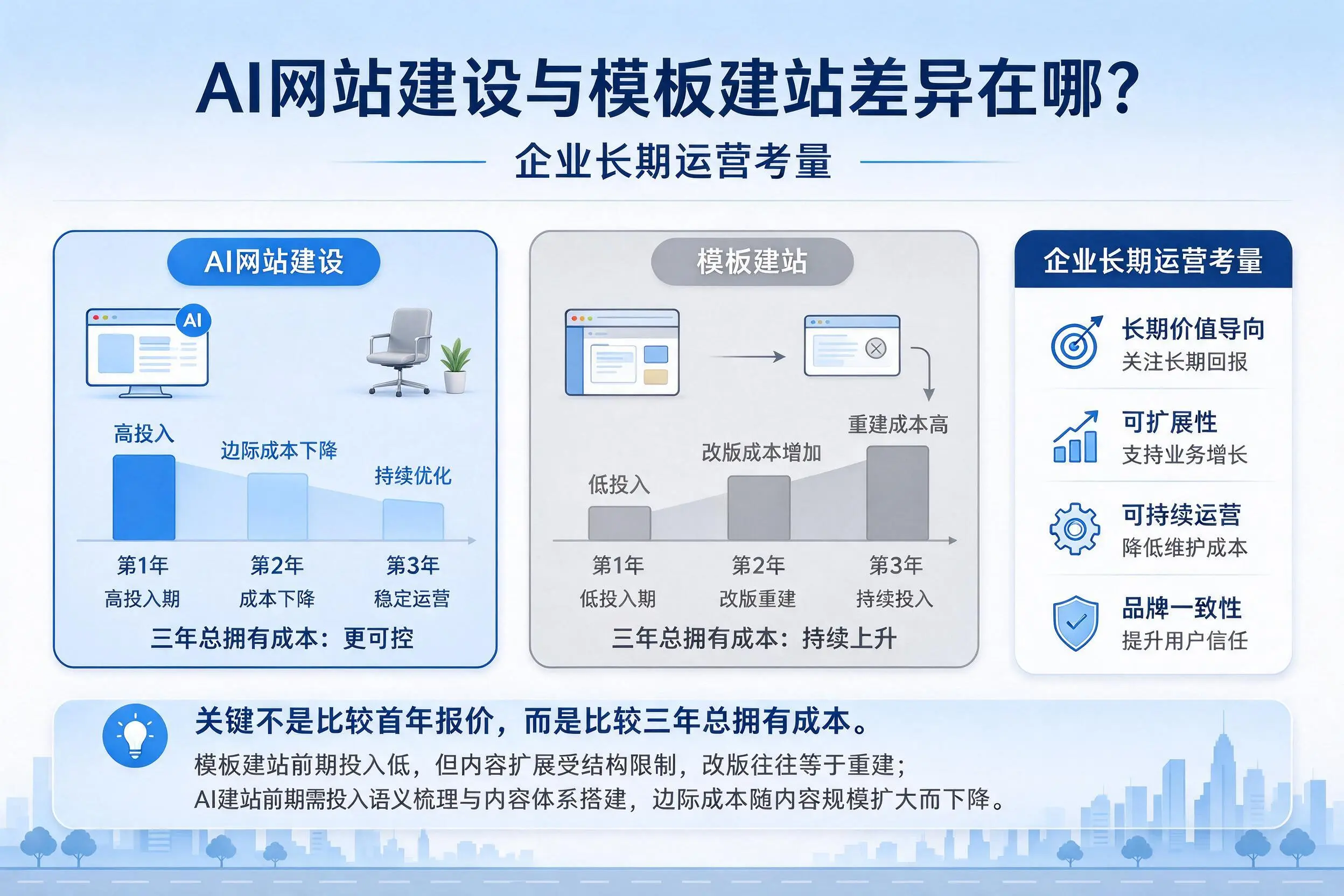 AI网站建设与模板建站差异在哪？辽源企业长期运营考量